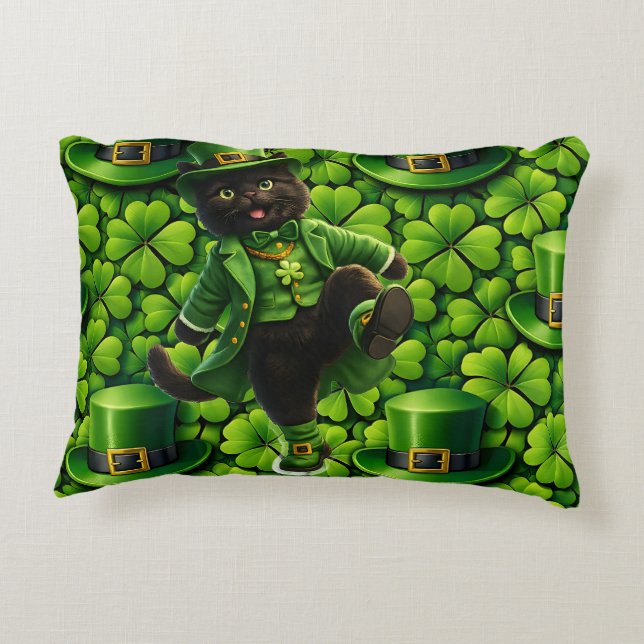 Lucky leprechaun black cat Saint Patrick's Day Pat Prydnadskudde (Baksidan)