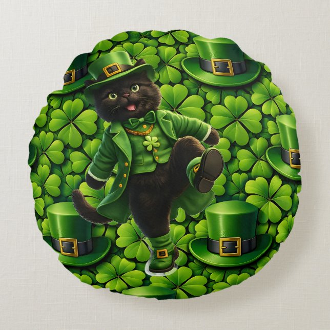 Lucky leprechaun black cat Saint Patrick's Day Pat Rund Kudde (Framsidan)