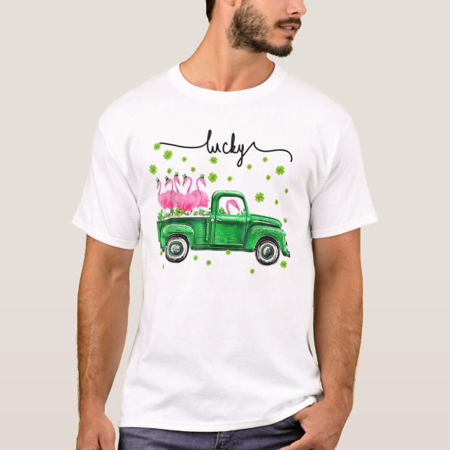 Lucky Leprechaun Flamingos Driving Lastbil St Patr T Shirt (Framsida)
