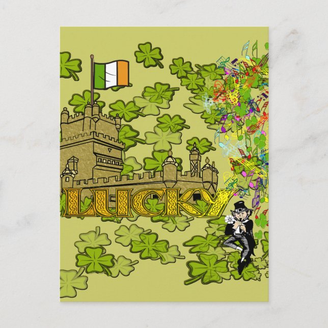 Lucky Leprechaun och Hans Irish Castle Vykort (Framsida)
