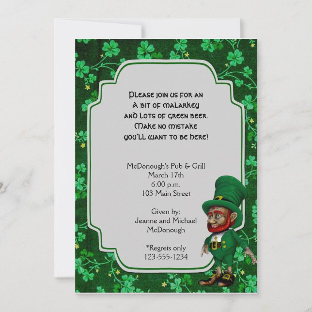 Lucky Leprechaun på inbjudan till Shamrocks-partie (Framsida)