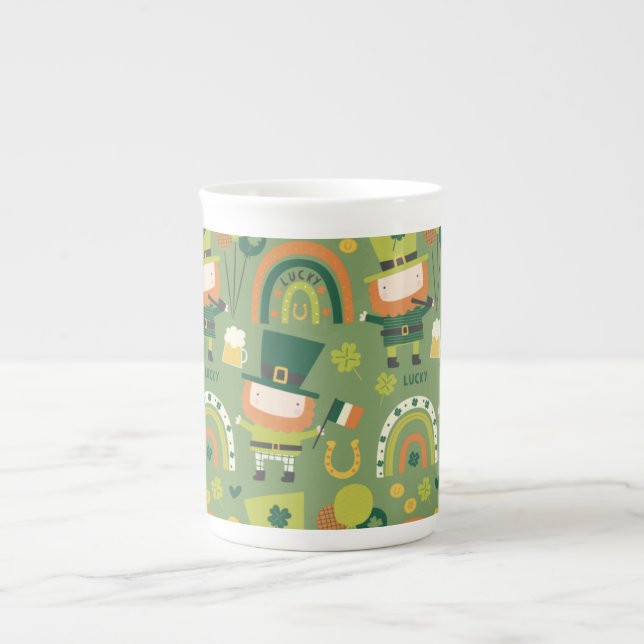 Lucky Leprechaun Print, Shamrock Gift Mönster Benporslin Mugg (Framsidan)