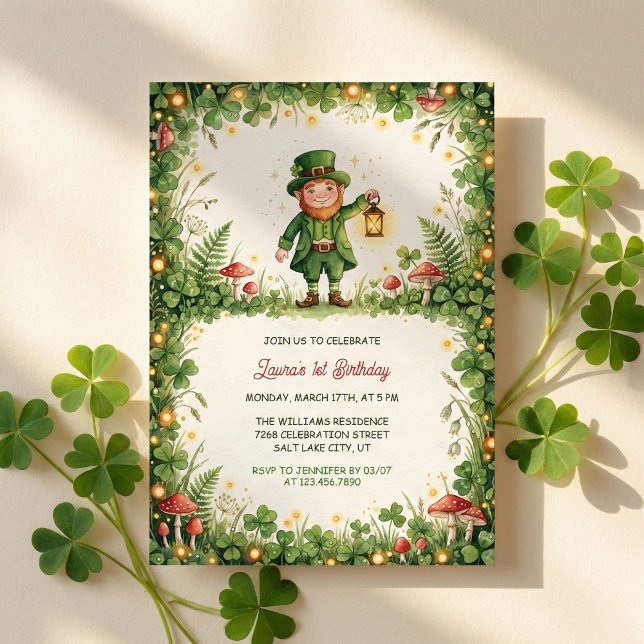 Lucky Leprechaun St Patrick First Birthday Party Inbjudningar (Irish Leprechaun Green Shamrock Baby First Birthday Invitation Card)
