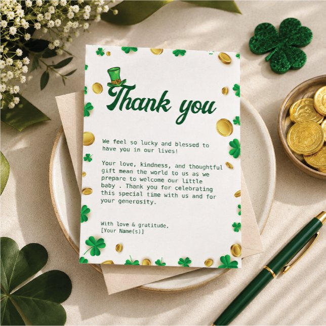 Lucky Little One – St. Patrick’s Day Baby Shower Tack Kort (A heartfelt thank you wrapped in lucky shamrocks and golden charm.  Perfect for celebrating )