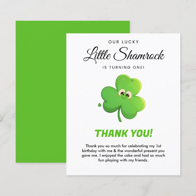 Lucky Little Shamrock 1st Birthday Tack you Card (Fram/baksida)
