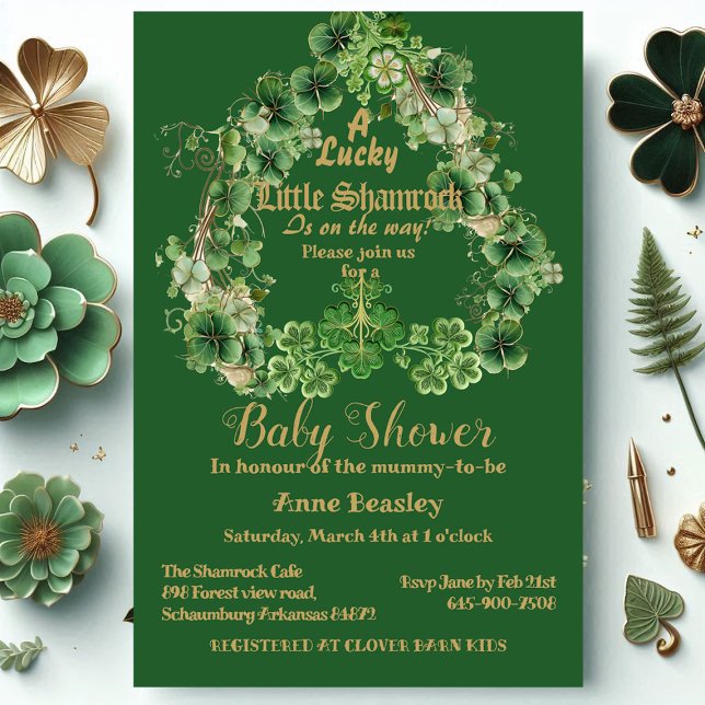 Lucky Little Shamrock Grönt Guld Löv Baby Shower Inbjudningar (Lucky Little Shamrock Green Gold Leaf Baby Shower Invitation)