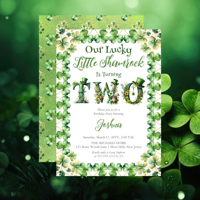 Lucky Little Shamrock Irish 2nd Birthday Party Inbjudningar ("Our Lucky Little Shamrock" St. Patrick's Day-Themed "TWO" 2nd Birthday Party Invitation )