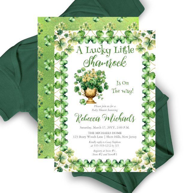 Lucky Little Shamrock St. Patrick's Baby Shower Inbjudningar ("A Lucky Little Shamrock" St. Patrick's Day-Themed Baby Shower Invite -Gold Pot with Shamrocks )