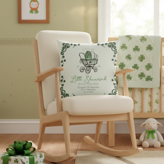 Lucky Little Tack St patricks day Baby Shower Kudde (A Little Shamrock is on Way Throw Pillow for St. Patrick's Day Baby Shower. Vintage Baby Carriage)