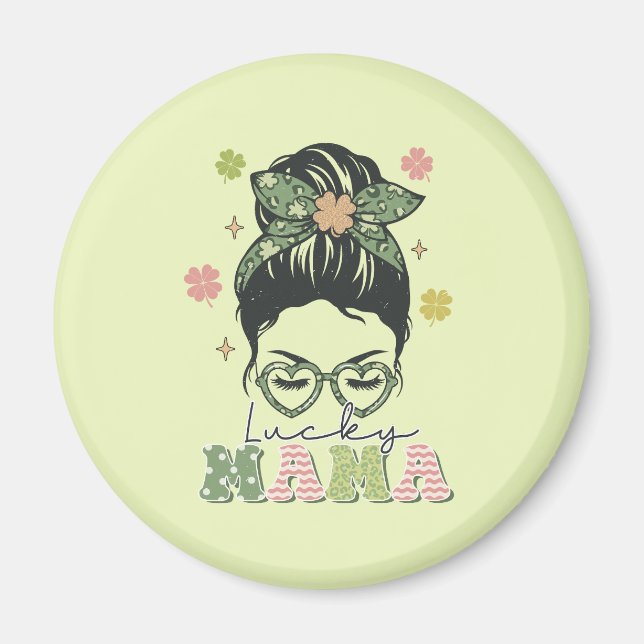 Lucky Mamma - Messy Bun - Klöver St. Patrick's Magnet (Framsidan)
