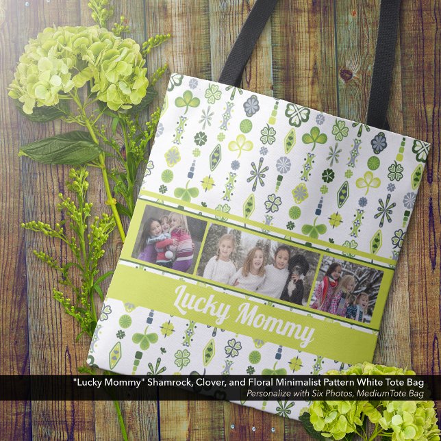 "Lucky Mamma" Shamrock Klöver Mönster Photo Tygkasse ("Lucky Mommy" Shamrock, Clover, and Floral Pattern Tote Bag - Personalize with Six Photos)
