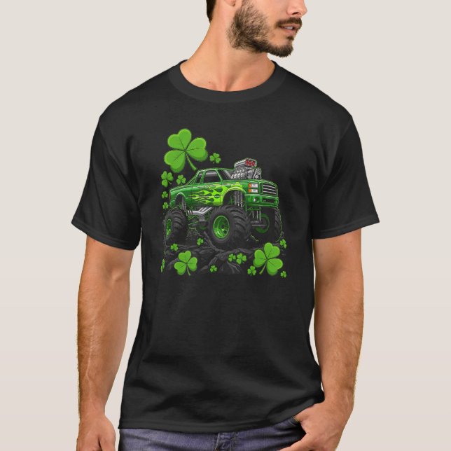 Lucky Monster Truck Green Flame Graphic T Shirt (Framsida)
