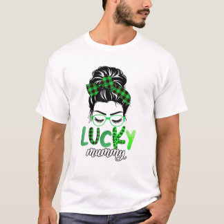 Lucky Mummy Leopard Play Messy Bun Irish St Patri T Shirt