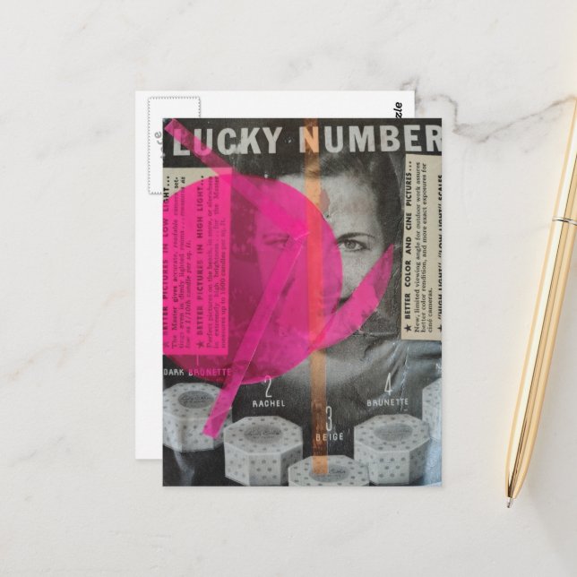 Lucky Number lady Mixed media collage Vykort (Fram/Back In Situ)