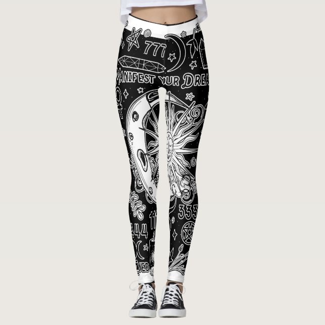Lucky Numerology Manifester Magic Black & White Leggings (Framsida)