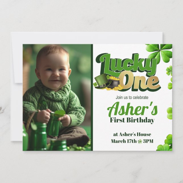 Lucky One 1st Birthday Call w/ Photo Inbjudningar (Framsida)