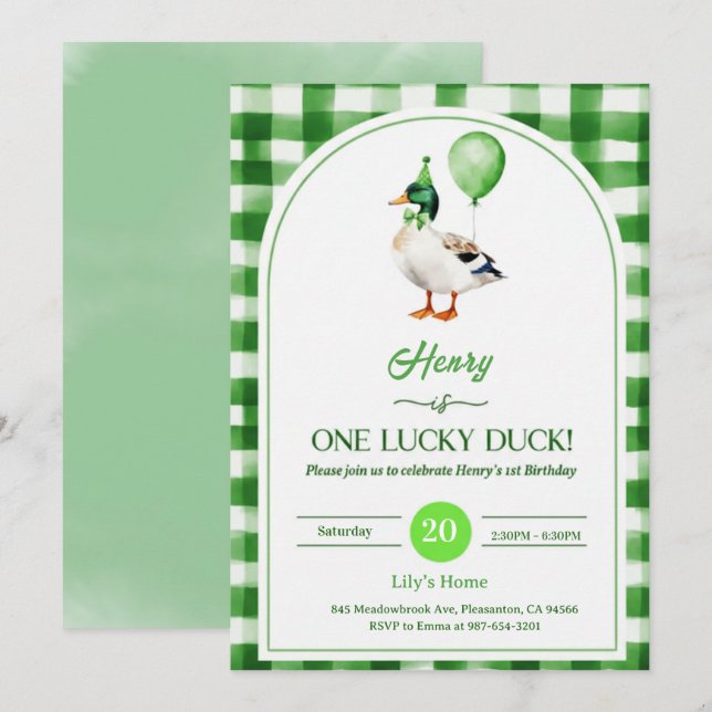Lucky One 1st Birthday Invitation Duck & Shamrock Inbjudningar (Fram/baksida)