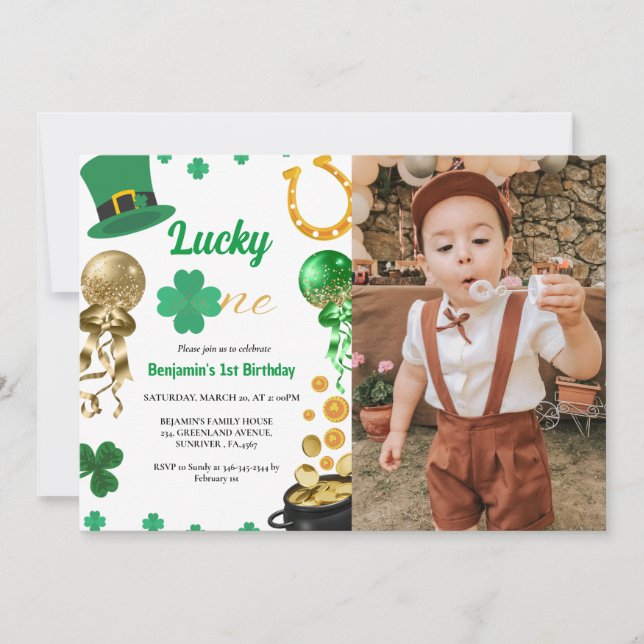 Lucky One First Birthday St patrick's day Boy Girl Inbjudningar (Framsida)