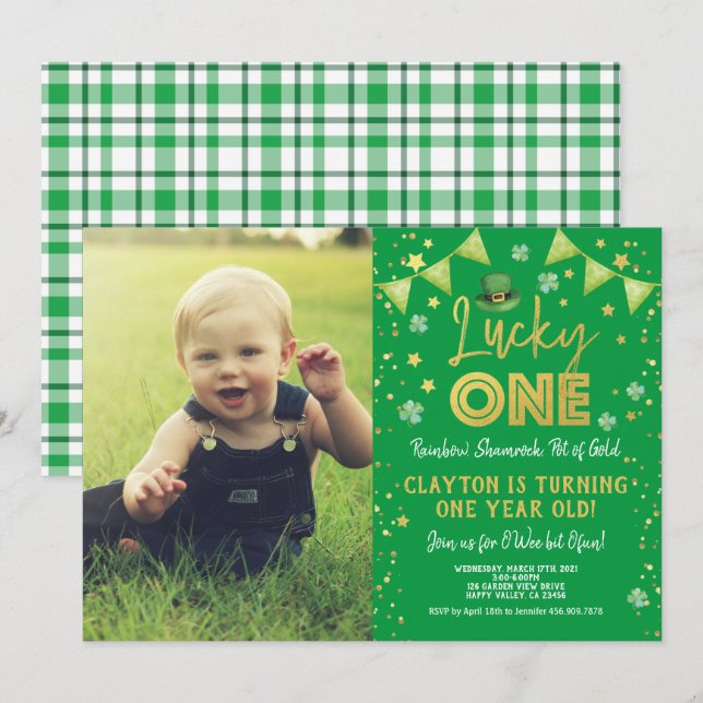 Lucky One First Birthday St patrick's day Photo Inbjudningar (Fram/baksida)