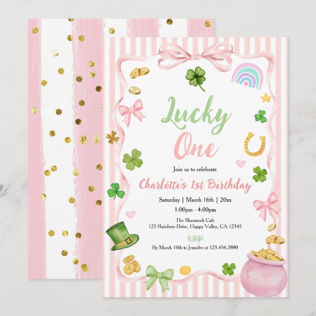 Lucky One Girl 1st Birthday Invitation Pink Gold Inbjudningar (Fram/baksida)