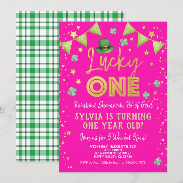 Lucky One Girl First Birthday St patrick's day Inbjudningar (Fram/baksida)