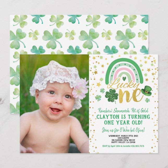 Lucky One Girl First Birthday St Patrick's Photo Inbjudningar (Fram/baksida)