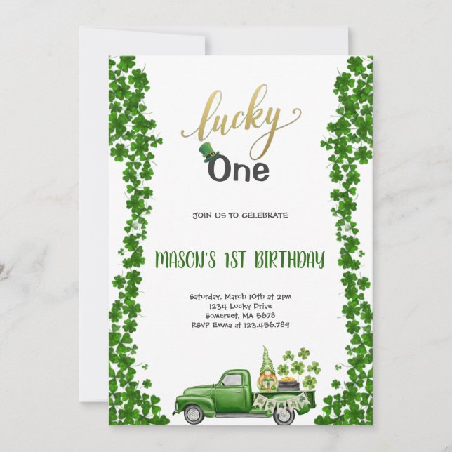 LUCKY ONE GREEN BIRTHDAY PARTY Invitation Inbjudningar (Framsida)