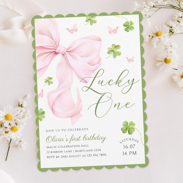 Lucky One Pink Bow 1st Birthday Invitation Inbjudningar (Skapare uppladdad)