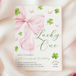 Lucky One Pink Bow 1st Birthday Invitation Inbjudningar