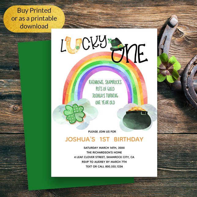 Lucky One Rainbow Shamrock Pot of Guld Birthday Inbjudningar (Lucky One Whimsical Irish Themed First Birthday Invitation)