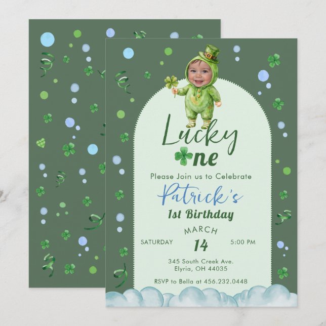 Lucky One St Patrick Boy with Photo Birthday Inbjudningar (Fram/baksida)