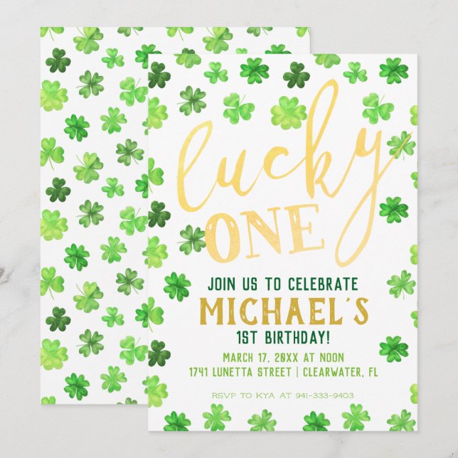 Lucky One | St. Patricks dag 1:a födelsedagen Inbjudningar (Fram/baksida)