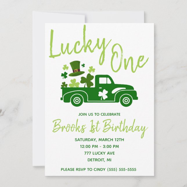 Lucky One, St. Patrick's Day Lastbil First Birthda Inbjudningar (Framsida)