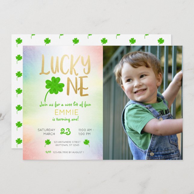 Lucky One St. Patricks Day Shamrock Photo Birthday Inbjudningar (Fram/baksida)
