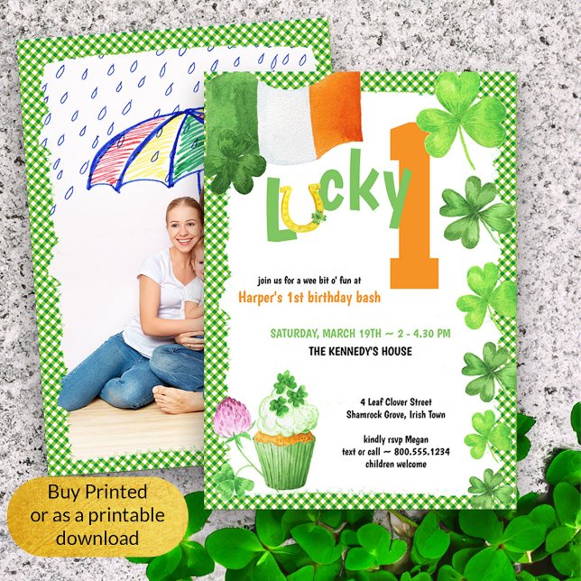 Lucky One St Patricks Porträtt Photo 1st Birthday Inbjudningar (Lucky 1 First Birthday Photo Invitation)