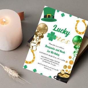 Lucky One Twin 1st Birthday St patrick's day Boy Inbjudningar