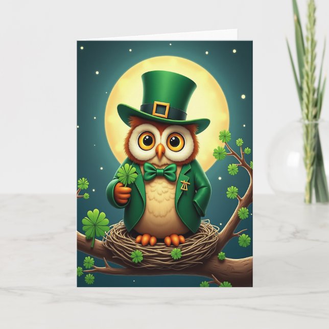 Lucky Owl Festive Green Card Kort (Framsida)