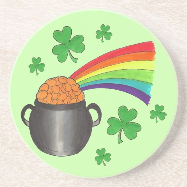 Lucky Pot of Guld Shamrock St. Patrick Day Grönt Underlägg Sandsten (Framsidan)