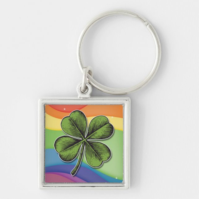 Lucky Rainbow Shamrock Fyrkantig Silverfärgad Nyckelring (Framsidan)