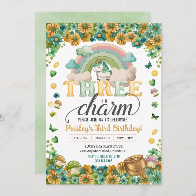 Lucky Rainbow Unicorn Three är en charmfödelsedag Inbjudningar (Fram/baksida)