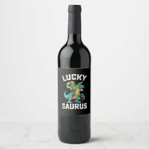 Lucky Saurus Dinosaur T Rex St patrick's day Vinflaska Etikett