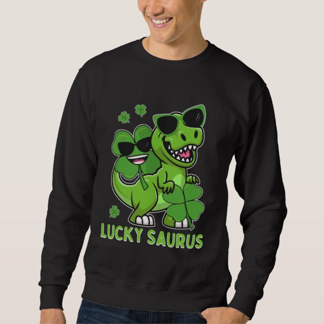 Lucky Saurus Rex Tyrannosaurus ST PATRICK S DAY Ir Lång Ärmad Tröja (Framsida)