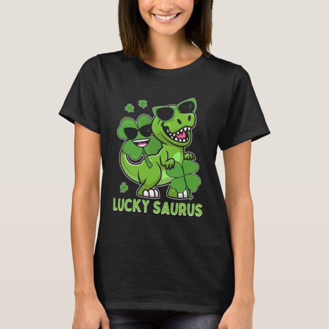 Lucky Saurus Rex Tyrannosaurus ST PATRICK S DAY Ir T Shirt (Framsida)