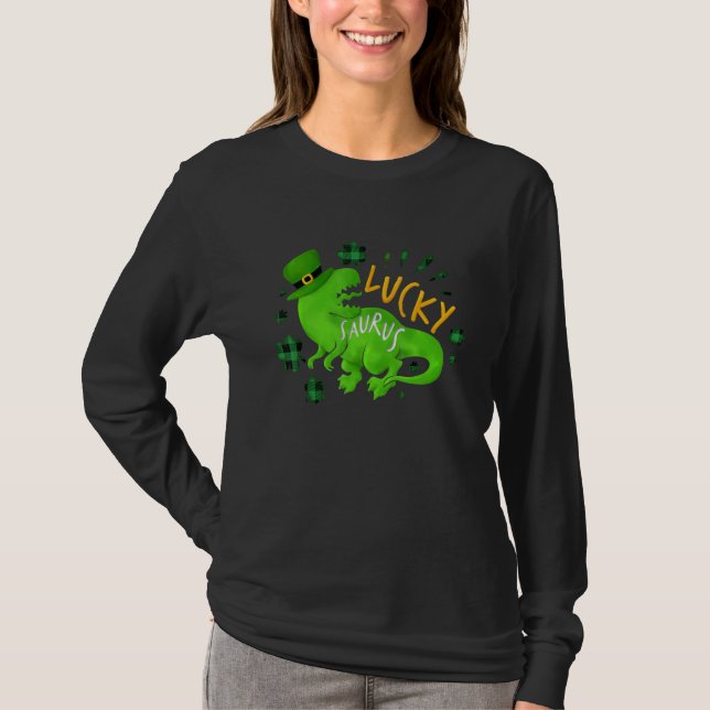 Lucky Saurus Shamrock Buffalo Plaid Dinosaur St Pa T Shirt (Framsida)