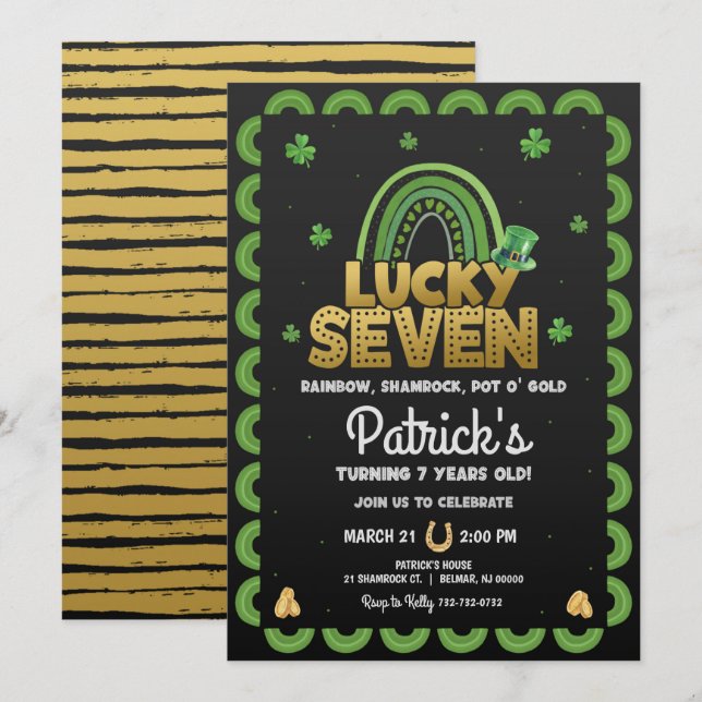Lucky Seven Birthday-inbjudan, St patty's day Inbjudningar (Fram/baksida)