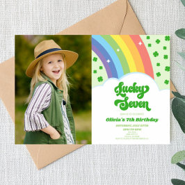 Lucky Seven Rainbow Klöver 7:e Födelsedagsfest Inbjudningar