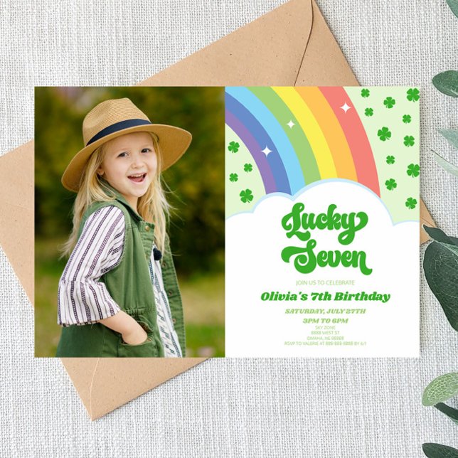 Lucky Seven Rainbow Klöver 7:e Födelsedagsfest Inbjudningar (Skapare uppladdad)