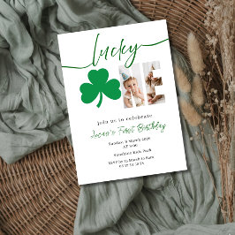 Lucky Shamrock Första födelsedagsfoto redigerbar Inbjudningar
