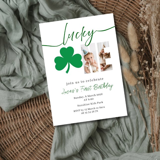 Lucky Shamrock Första födelsedagsfoto redigerbar Inbjudningar (Skapare uppladdad)