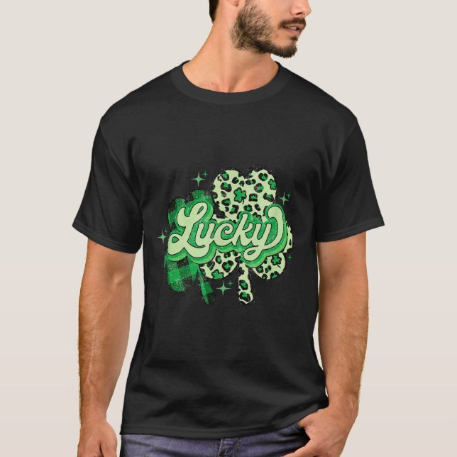 Lucky Shamrock Leopard,checkered Patricks Day Funn T Shirt (Framsida)